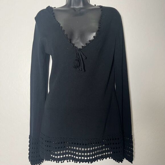 Yoana Baraschi Black V Neck Crochet Hem Cuff Tunic sweater L Indie Boho Hippie - Picture 1 of 14
